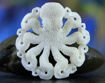 Octopus Hand Carved Pendant • Round Realistic Ocean Animal • Upcycled Bone • 41mm