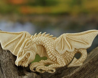 Hand Carved Bone Dragon Pendant • Antique Stained Mythical Totem Jewelry • 80mm