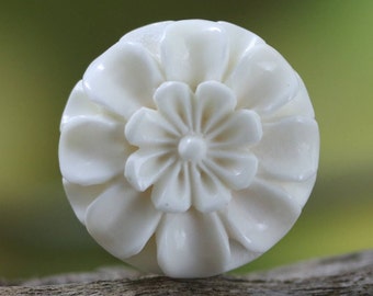 Round Hand-Carved Bone Flower Cabochon • Floral Relief Jewelry Focal • 20mm
