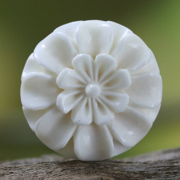 Bone Carving Blossoming Flower Carved Bone Flat Back Organic Piece Floral Center Round Cabochon Hand Carving Spring Blossom 20MM