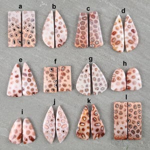 Op de afbeelding: Een verzameling gepolijste edelsteenparen in verschillende vormen, waaronder rechthoeken, druppels en driehoeken. De stenen hebben een crème- en bruin gevlekt patroon, met een gepolijste, glanzende afwerking. Ideaal voor het maken van sieraden of knutselen.