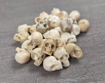 Hand-Carved Deer Antler Skull Beads • Mini Natural Bone Skull • Top-Drilled • 13mm