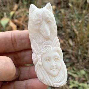 Hand Carved Bone Wolf and Maiden Pendant Detailed Totem Focal, 83mm