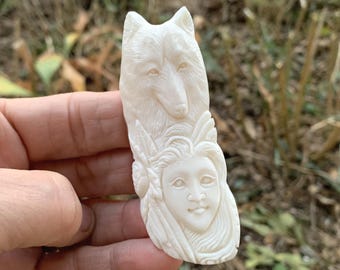 Hand Carved Bone Wolf and Maiden Pendant Detailed Totem Focal, 83mm