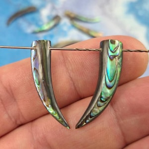 May include: Two abalone shell pendants with iridescent green, blue, and purple hues. Each pendant is curved and has a hole for stringing. A silver wire is inserted through the top of one pendant. Additional pendants are visible in the background.