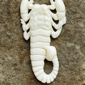 Hand-carved white bone scorpion figurine with detailed claws, legs, and segmented tail, displayed on a natural stone background.