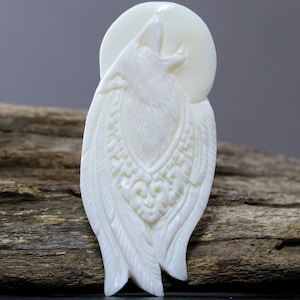 Wolf Under Moonlight Focal - Hand-Carved Bone Component for Nature-Inspired Designs, 69mm