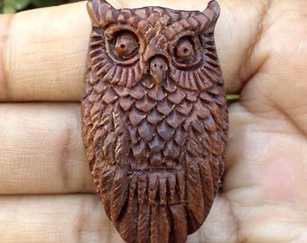 Hand-Carved Wooden Owl Pendant • Detailed Feather Totem • Jewelry Supply & Talisman • 41mm