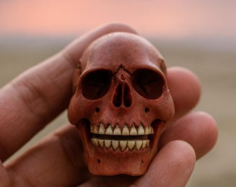 Hand-Carved Sabo Wood Skull • Gothic Talisman and Artisan Jewelry Component • 45mm