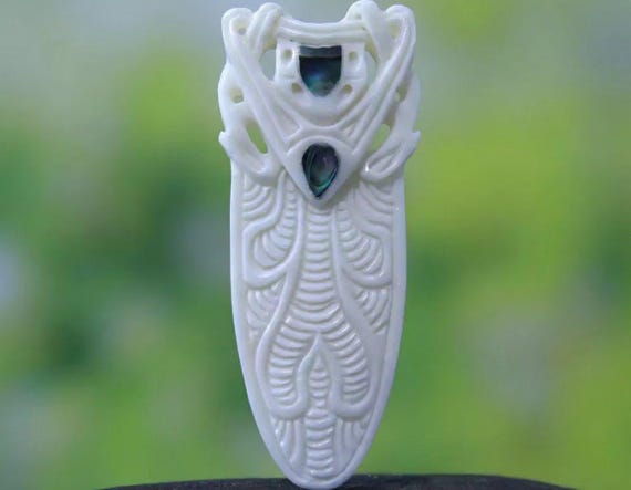 Carved Bone Pendant with Abalone Inlay • Totem Focal  • 62mm