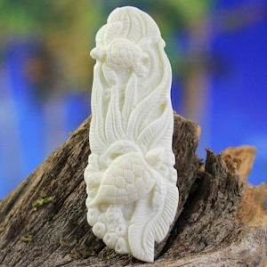 Hand Carved Sea Turtle Pendant Reef Scene Ocean Totem, Water Buffalo Bone, 69mm
