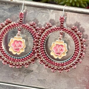 Pink Rose Handbeaded Hoop Earrings