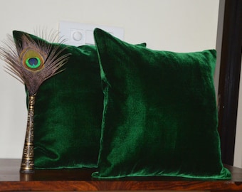 Green coloured pillow / sham cover in  viscose velvet- 18 " X 18 ".