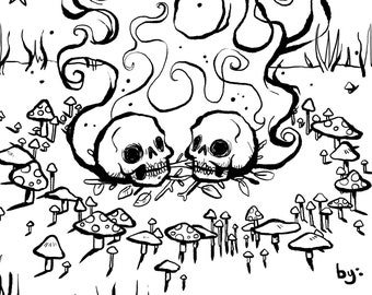 The Lovers Colouring Page - coloring page adult horror art scary witchy spooky forest skulls skull magic witch art spells dark goth mushroom