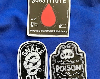 Bottle Label Sticker - Snake Oil Vegan Vampire Substitute Aqua Tofana Poison Dracula Goth Dark Nosferatu Gothic Cosplay Stickers Horror Art