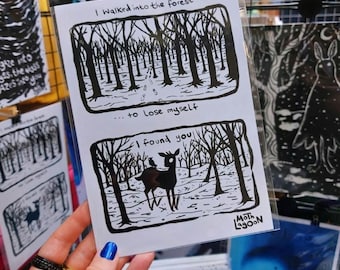 I Found You Print - somber gothic goth art weird lost forest artist black and white deer dream dreamy cute witch witchy dark dark art alt