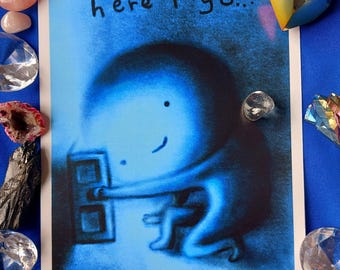 Here I Go Print - luna spooky art goth gothic scary horror blue creepy mystery silly