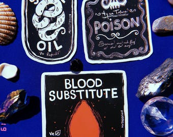 Bottle Label Sticker - Snake Oil Vegan Vampire Substitute Aqua Tofana Poison Dracula Goth Dark Nosferatu Gothic Cosplay Stickers Horror Art