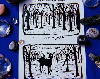 I Found You Print - somber gothic goth art weird lost forest artist black and white deer dream dreamy cute witch witchy dark dark art alt
