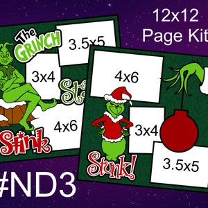 ND3) Stink Stank Stunk Grinch Kit de páginas para álbum de recortes de 2 páginas de 12 x 12 con diseño navideño