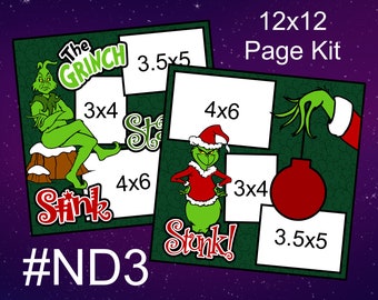 ND3) Stink Stank Stunk Grinch Christmas Layout 2-Page 12x12 Scrapbook Page Kit