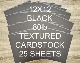 12x12 BLACK TEXTURED 80lb Cardstock BULK 25 Sheets Bazzill "Raven"