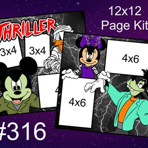 316) Kit de papel para scrapbooking de 2 páginas de 12 x 12 con diseño de Disney Thriller, Minnie, Mickey, Goofy, Donald y Halloween