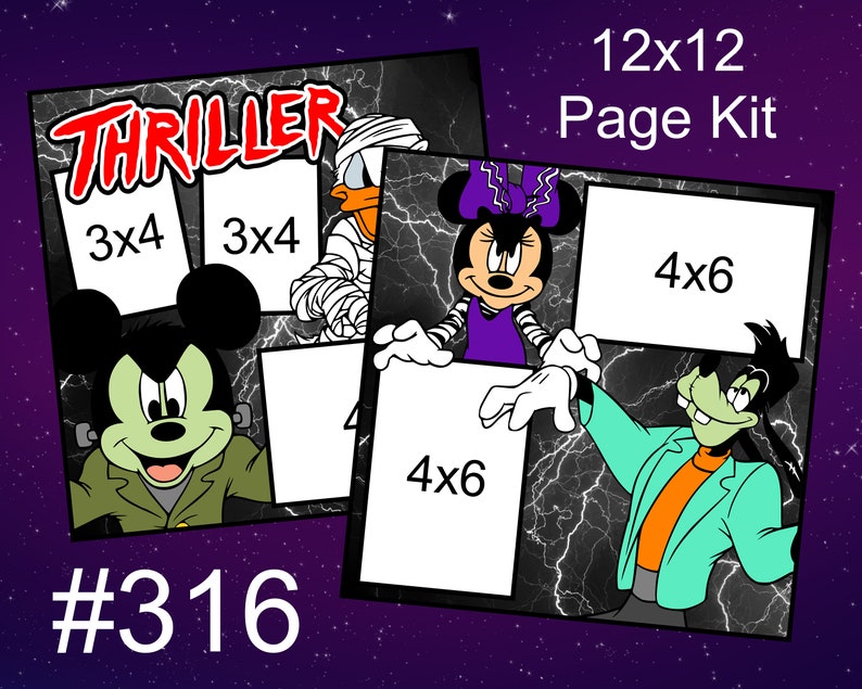 316 Thriller Disney Layout 2-Page 12x12 Scrapbook Paper Piecing Page Kit Minnie Mickey Goofy Donald Halloween image 1