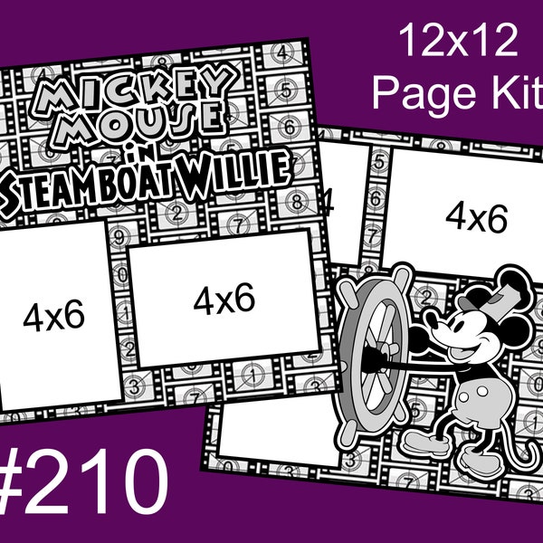 210) Steamboat Willie Mickey Mouse Disney Layout 2-Page 12x12 Scrapbook Paper Piecing Page Kit
