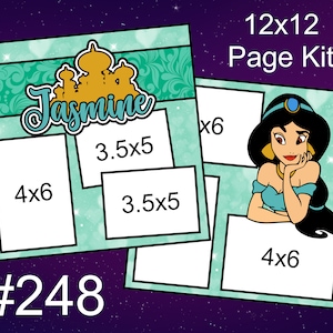 May include: A 12x12 page kit featuring a Jasmine theme. The kit includes spaces for 4x6 and 3.5x5 photos, with a teal and gold color scheme. The design incorporates a Jasmine character illustration and the name "Jasmine". The kit is labeled as #248.