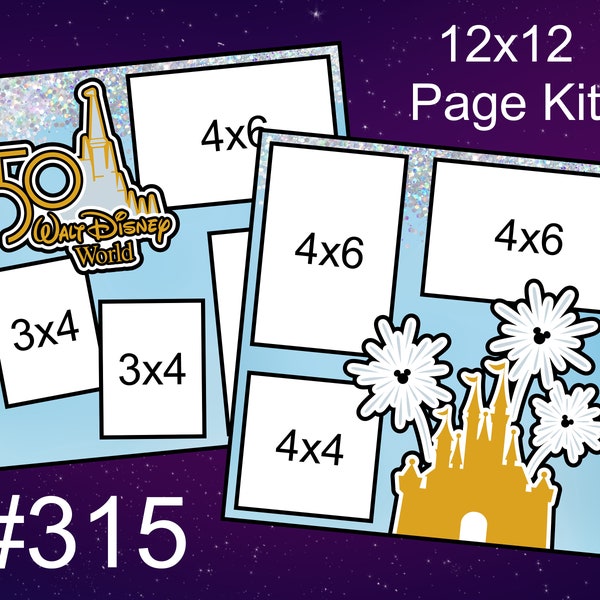 315) 50. rocznica WDW Disney Layout 2-stronicowy zestaw stron do scrapbookingu 12x12 Walt Disney World Castle