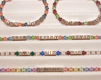 Bracelet cristal Name - fait avec des cristaux Swarovski et cubes en lettre 4mm argent massif