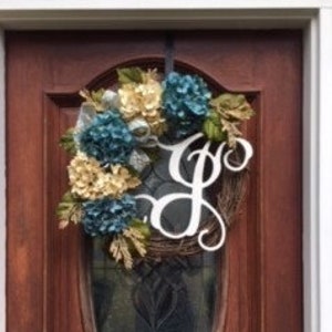 Hydrangea Monogram puerta delantera boda Wreath