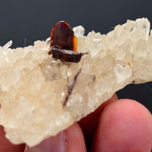 May include: A natural mineral specimen featuring a cluster of clear quartz crystals. A dark brown and orange crystal formation is embedded within the quartz. The mineral is set against a dark background.