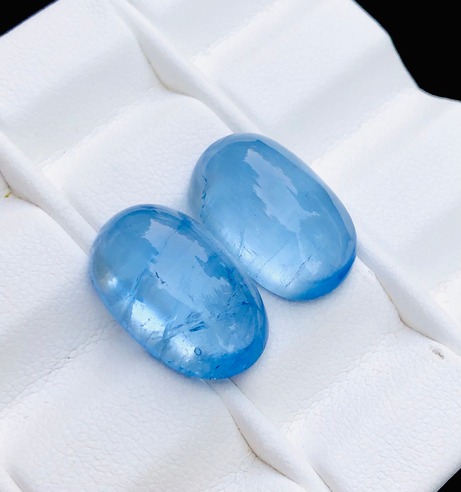 Cat's Eye Aquamarine Cabochon Gemstones Pair Navy Blue Etsy