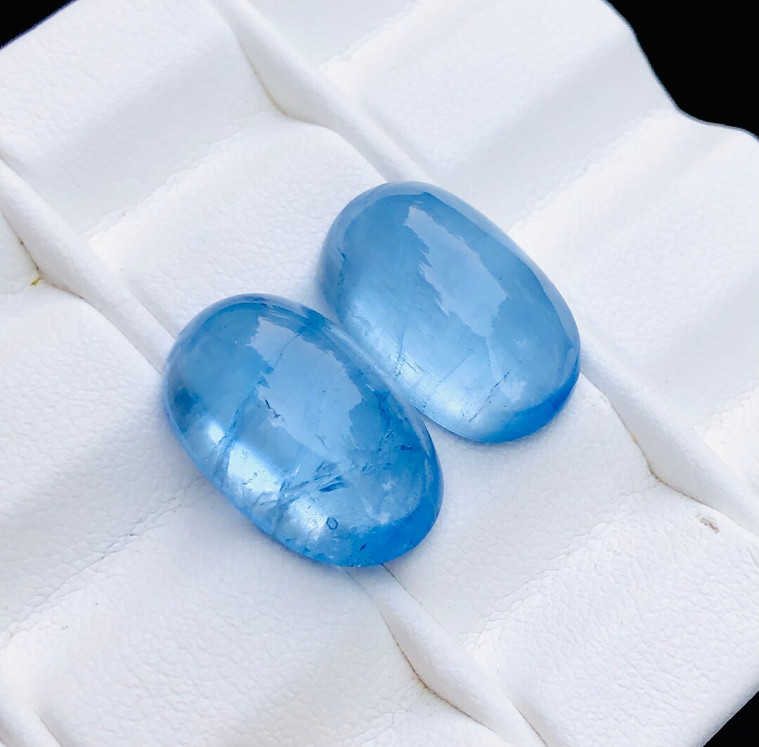 Cat's Eye Aquamarine Cabochon Gemstones Pair Navy Blue Etsy
