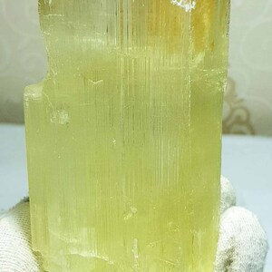 May include: A translucent, pale yellow crystal formation. The crystal has a rectangular shape with a slightly angled top and visible vertical striations. The crystal is held by a gloved hand.