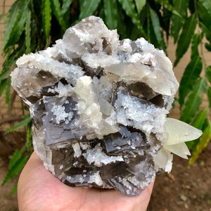 以下が含まれることがあります： 天然鉱物標本のクローズアップ。岩石形成は、グレー、白、透明な結晶構造の混合が特徴です。結晶は層状の外観をしており、一部の領域は他の領域よりも不透明に見えます。全体的な形状は不規則です。