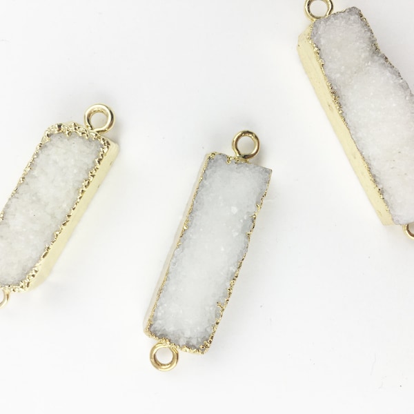 White Druzy Long Rectangle Connector Charm w 24k Gold Plated Rim, Natural Gemstone Pendant, Crystal Jewelry Charm // BBB Supplies // L-C030W