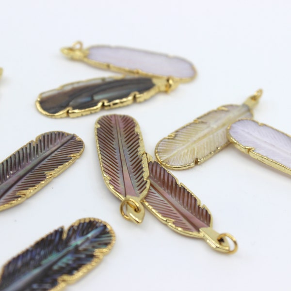 Natural Abalone Colorful Leaf Feather Small Pendent with 24k Gold Plated Rim, Iridescent pendant, Blue White Feather Gold Finish // L-C076