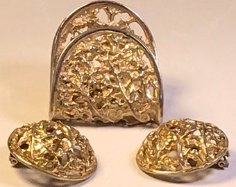 Mosell Demi Parure Vintage Costume Jewelry Brooch & Earrings. Gold toned. Rare. Frederick Mosell. Mid century. Collectible. 1950’s. 1960’s.