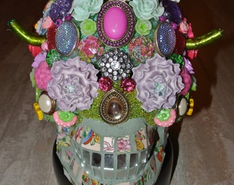 Green and Pastel Dia De Los Muertos Mosaic Sugar Skull
