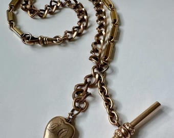 Cadena de reloj antigua FLS & Co. con colgante de corazón chapado en oro y barra en T, con cadena extraíble convertida en collar.
