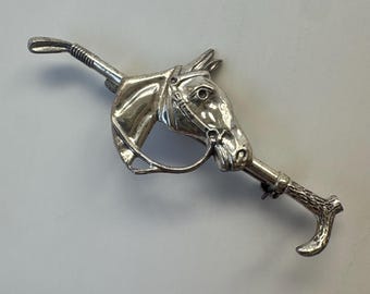 Vintage Sterling Silver Equestrian Horse Head & Crop Brooch Pin