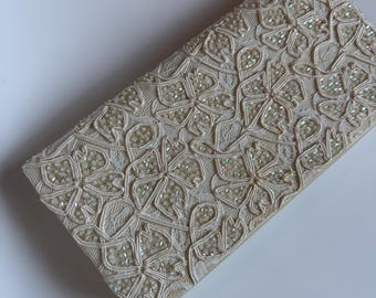 Vintage 70s Nordstrom Ivory Embellished Floral Embroidered Evening Bag