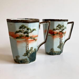 Pair of Antique Japanese Nippon Hand Painted Bonsai Motif Porcelain Tea Cups / Mugs