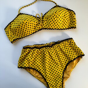 1960s Black & Yellow Polka Dot Two Piece Bikini