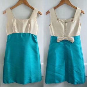 Vintage 1960s Mardi Gras New York Blue / Ivory Silk Taffeta Bow Accent Empire Waist Dress
