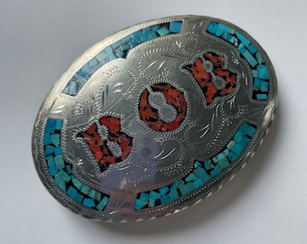 Vintage Navaho Solid Sterling Silver with Coral & Turquoise BOB Belt Buckle