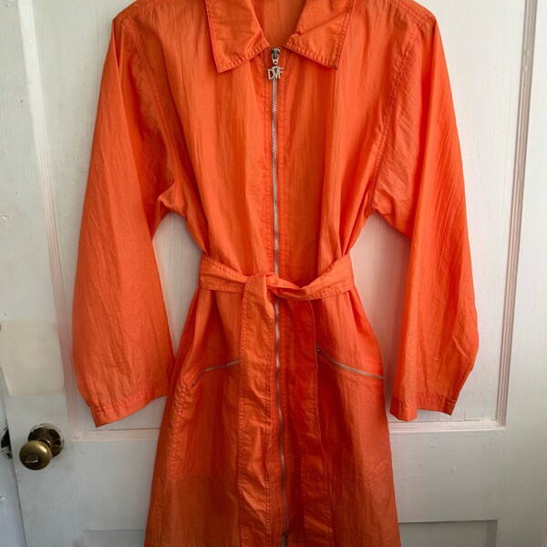 Vintage 90s Diane Von Furstenberg Orange Nylon Rain Trench Coat
